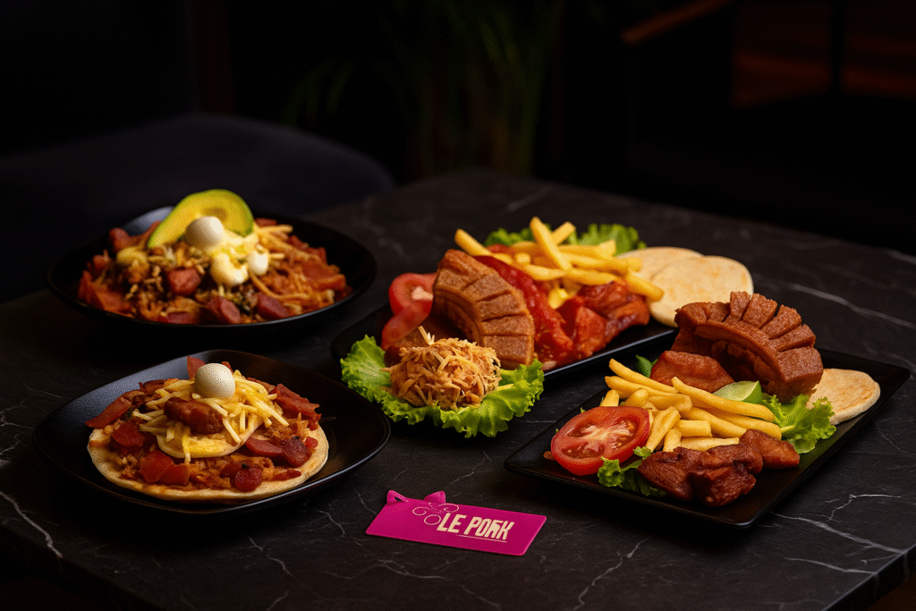 Variedad de platos gourmet de Le Pork presentados en platos negros sobre mesa elegante: chicharrón carnudo, mazorcada, costillas y arepachona.
